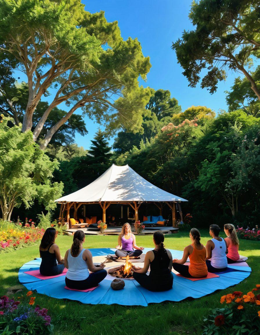 A serene retreat setting with diverse individuals practicing yoga under a bright blue sky, surrounded by lush greenery and colorful flowers. Include a circle of people sharing stories around a cozy bonfire, embodying love and body positivity. The scene should radiate warmth, connection, and healing energy. vibrant colors. super-realistic. peaceful atmosphere.